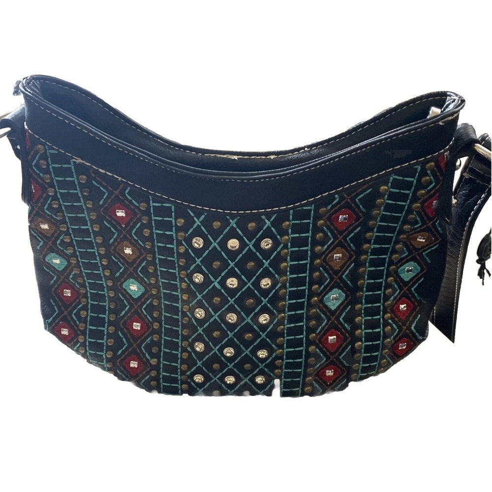 P & G Concealed Carry Purse Embroidered Bag Crossbody Black W/Teal Western